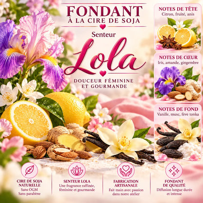 Fondant parfumé Lola en cire de soja – senteur fruitée et poudrée aux notes d’iris, amande, vanille, musc et fève tonka – La Casa del José