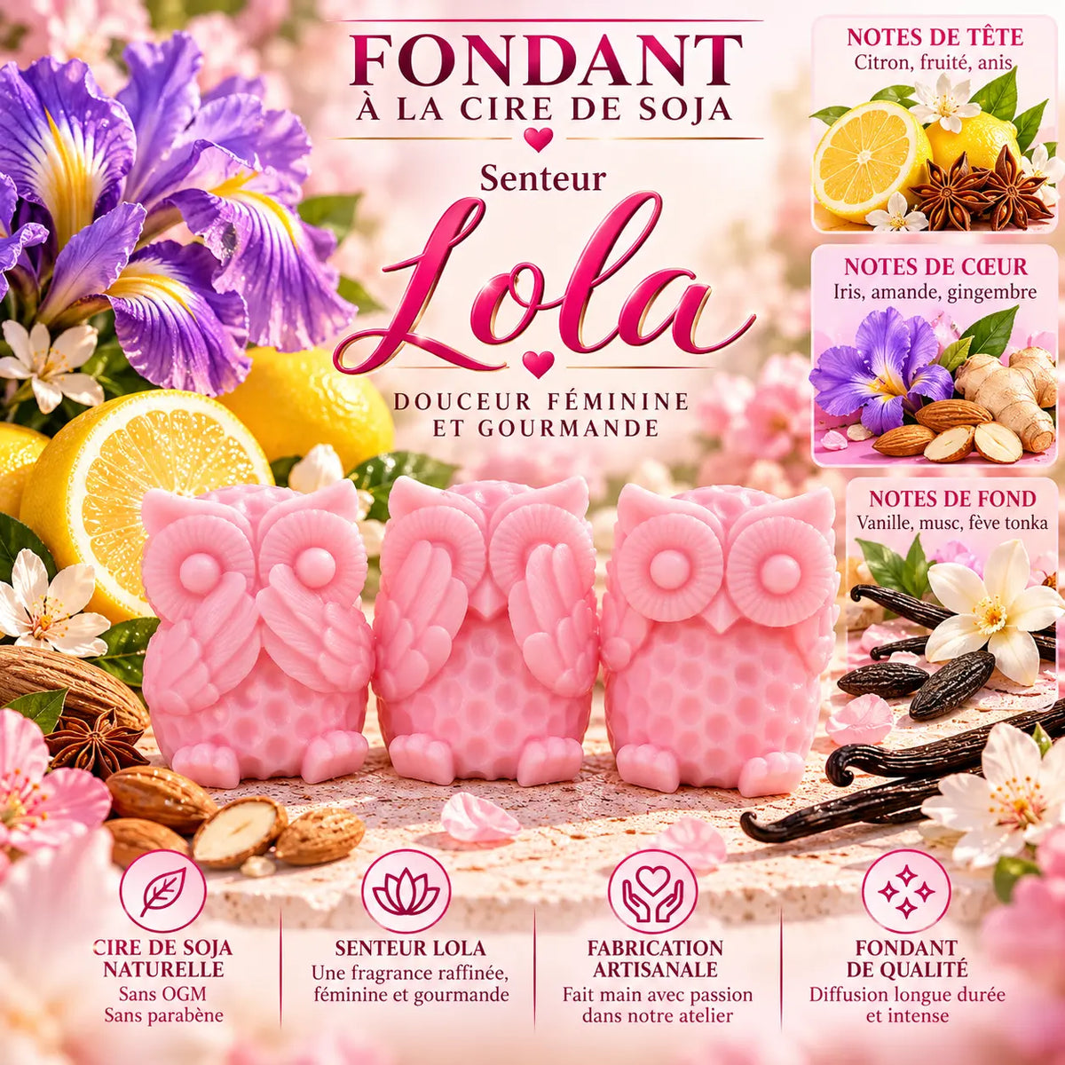 Fondant parfumé Lola en cire de soja – senteur fruitée et poudrée aux notes d’iris, amande, vanille, musc et fève tonka – La Casa del José