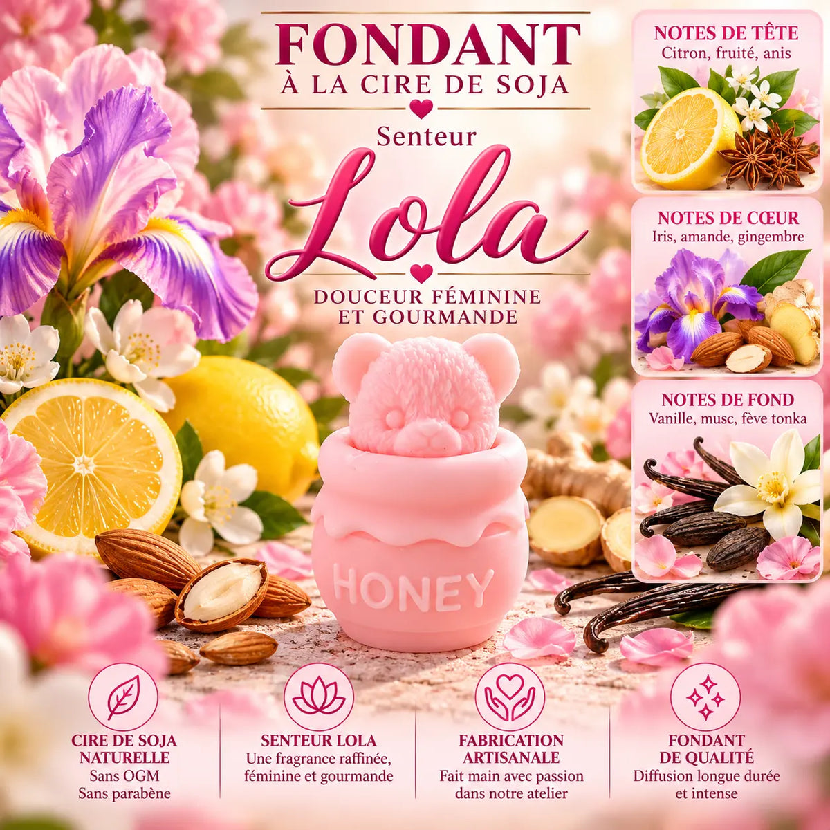 Fondant parfumé Lola en cire de soja – senteur fruitée et poudrée aux notes d’iris, amande, vanille, musc et fève tonka – La Casa del José