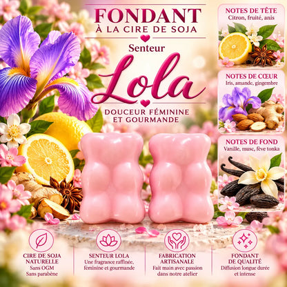Fondant parfumé Lola en cire de soja – senteur fruitée et poudrée aux notes d’iris, amande, vanille, musc et fève tonka – La Casa del José