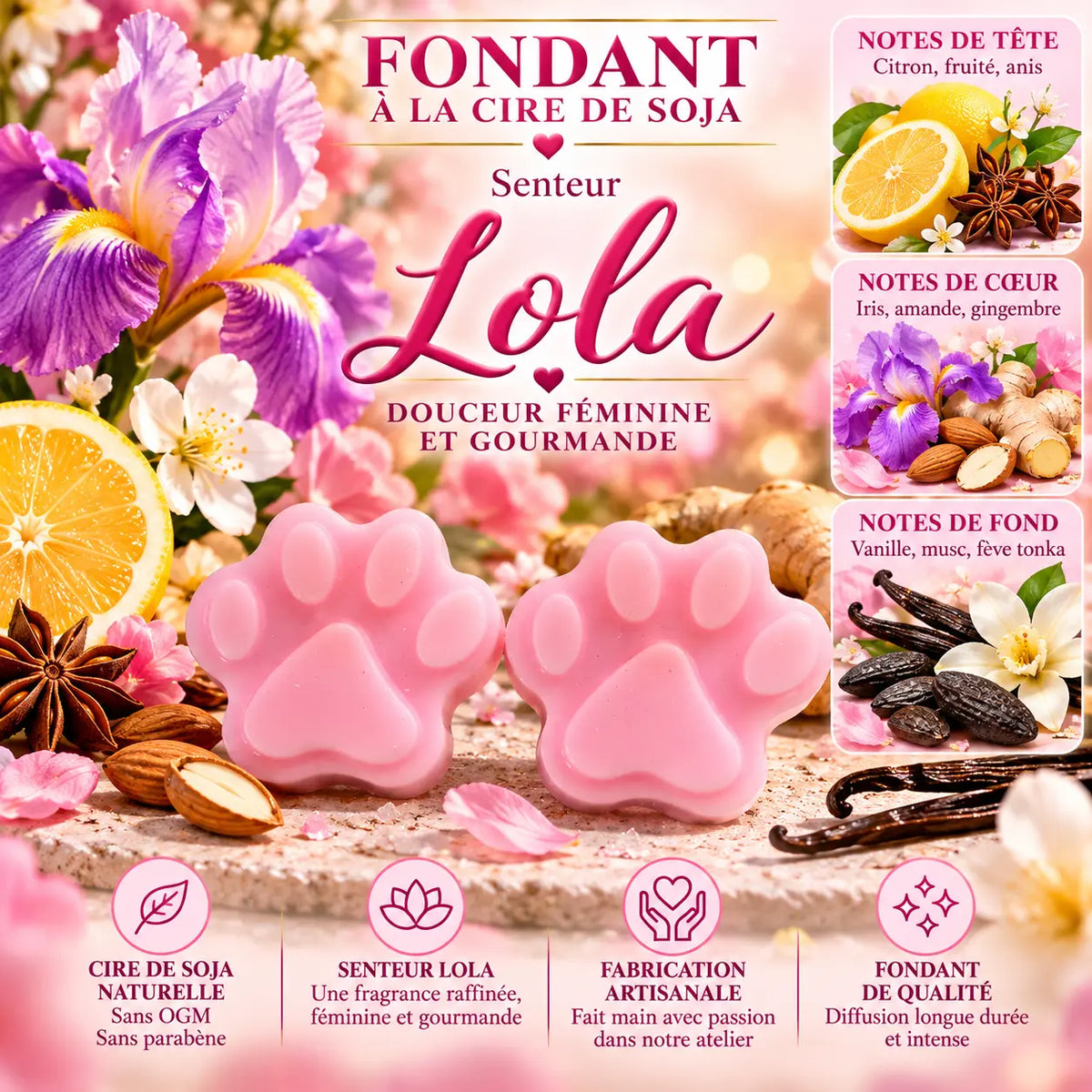 Fondant parfumé Lola en cire de soja – senteur fruitée et poudrée aux notes d’iris, amande, vanille, musc et fève tonka – La Casa del José