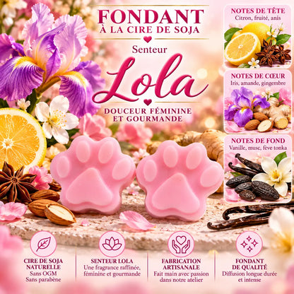 Fondant parfumé Lola en cire de soja – senteur fruitée et poudrée aux notes d’iris, amande, vanille, musc et fève tonka – La Casa del José