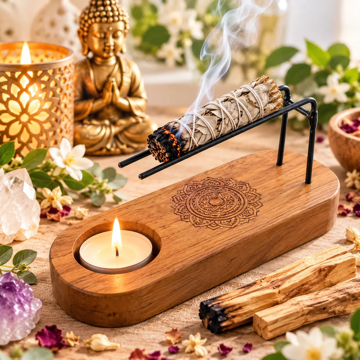 Petit brûleur Palo Santo en bois de teck avec motif Mandala, dimensions 15 × 6 × 7 cm