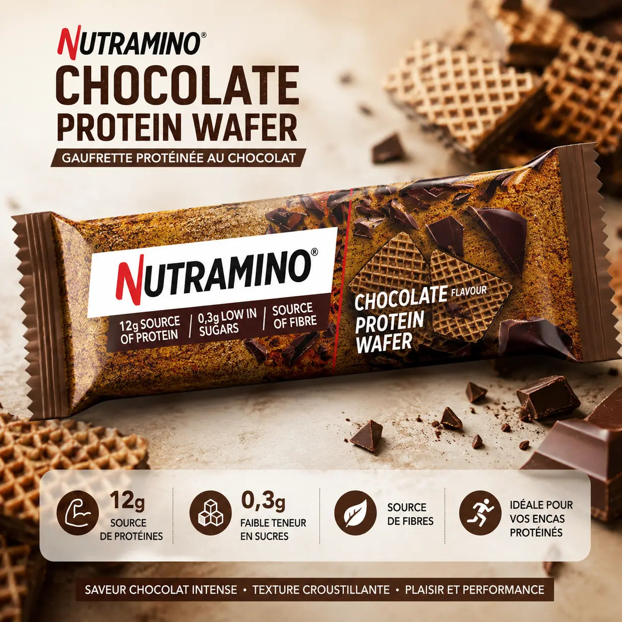 Nutramino Protein Wafer chocolat gaufrette protéinée croustillante 12 g de protéines