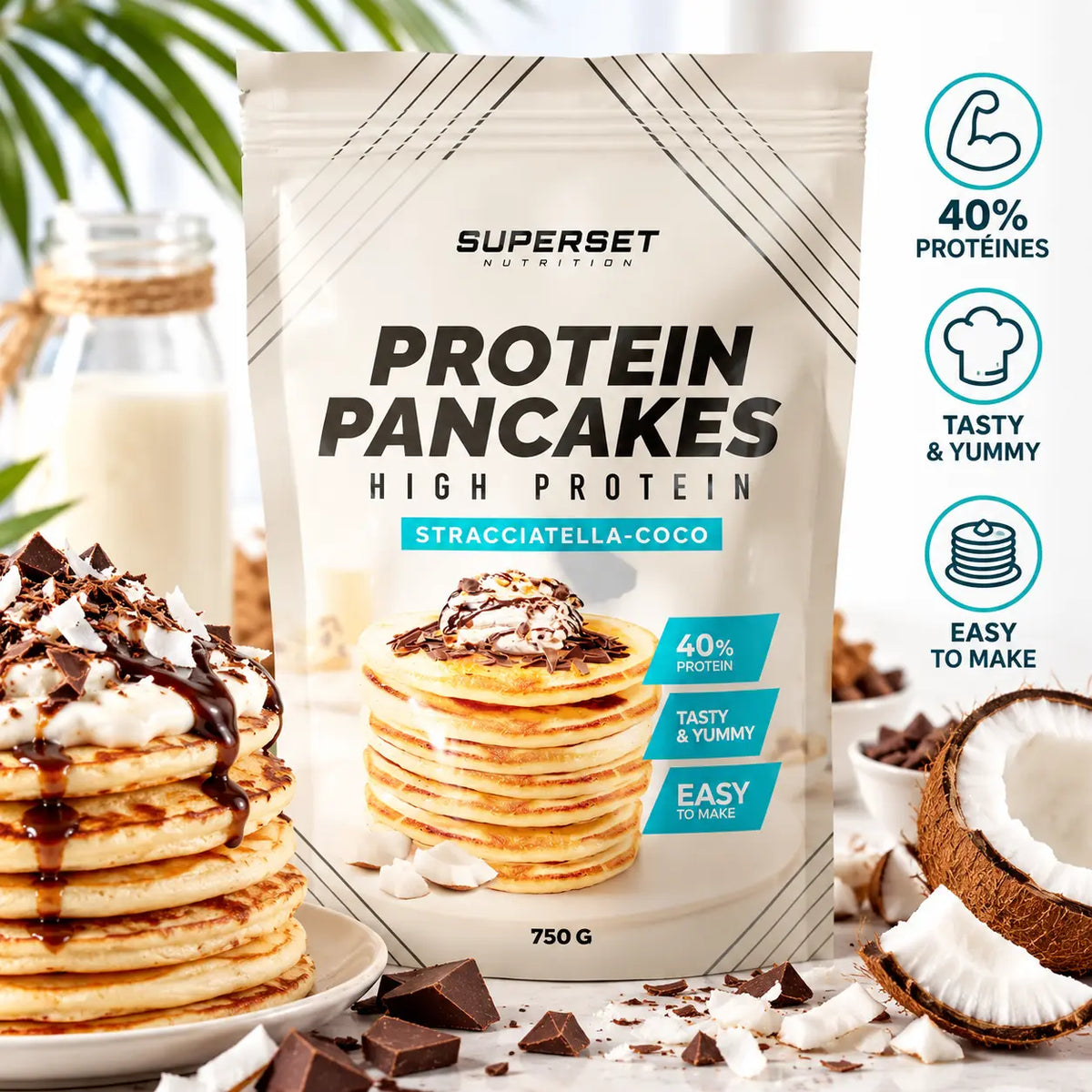 Superset Nutrition Protein Pancakes Stracciatella Coco 750 g – Préparation pour pancakes protéinés saveur chocolat et noix de coco, 15 g de protéines par portion