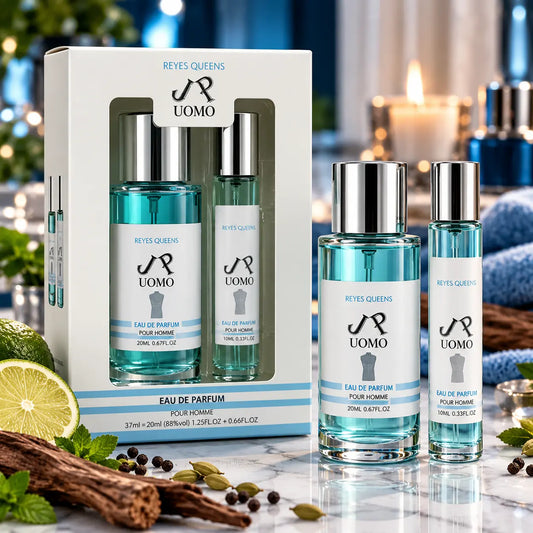 Coffret parfum homme JP UOMO Reyes Queens avec deux flacons de 37 ml et 20 ml, fragrance masculine d'inspiration aromatique et vanillée