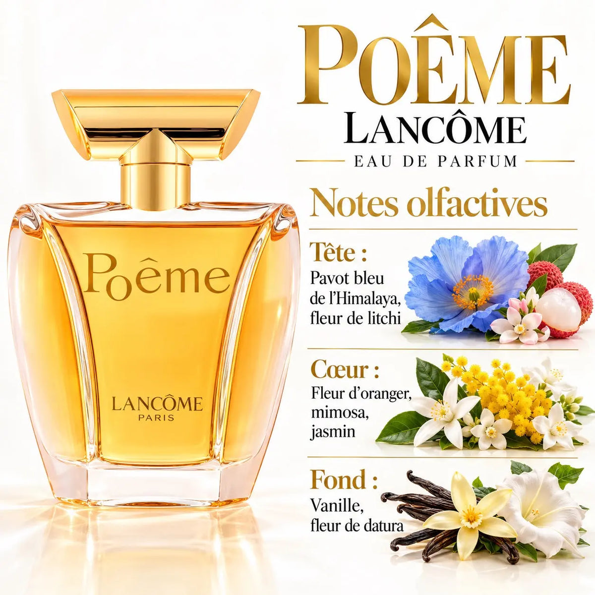 Lancôme Poême Eau de Parfum Femme 100 ml, flacon doré élégant, notes de pavot bleu, fleur de litchi, mimosa, jasmin, fleur d'oranger et vanille.