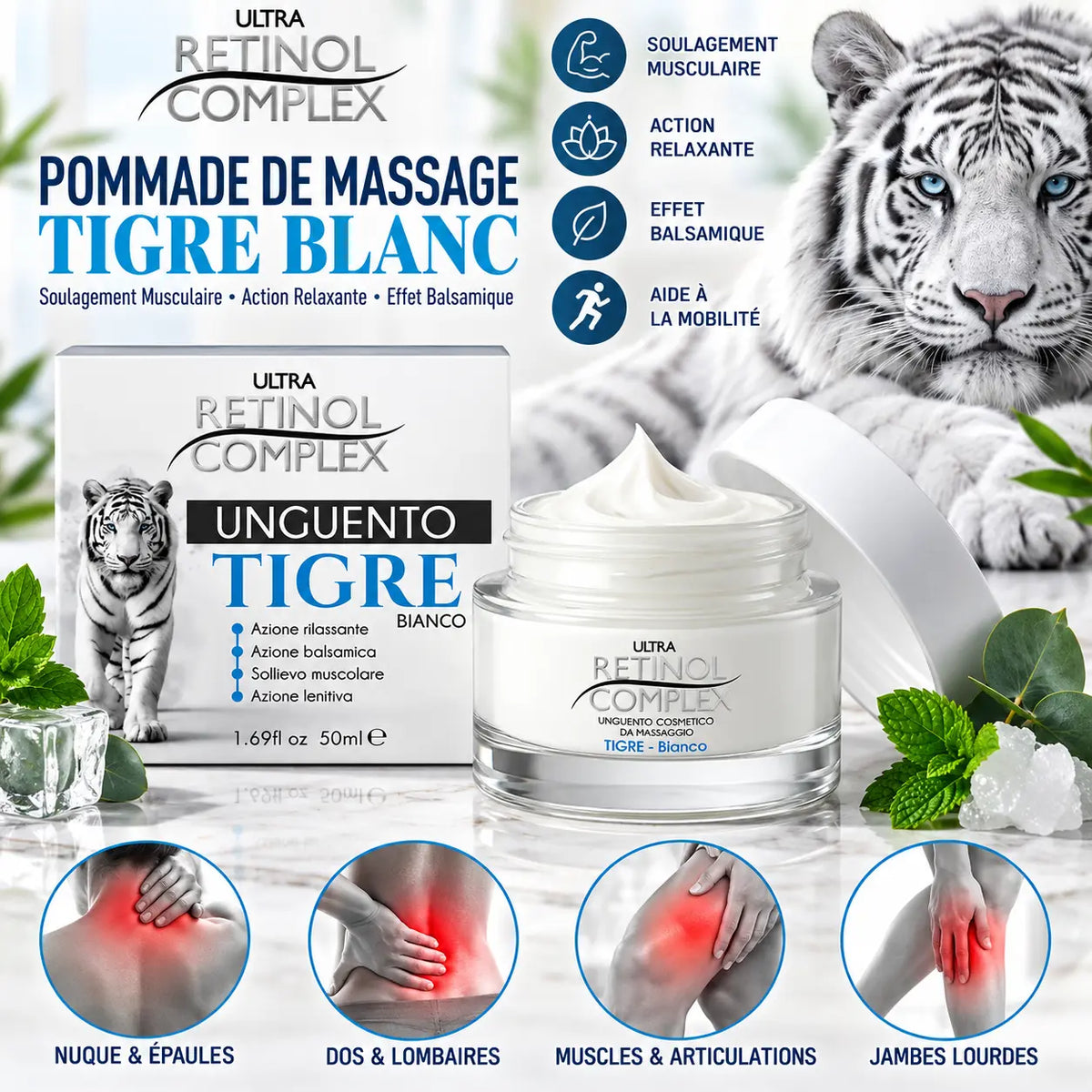 Ultra Retinol Complex Tigre Blanc 50 ml – Pommade balsamique de massage au menthol, camphre et huiles essentielles, fabriquée en Italie.