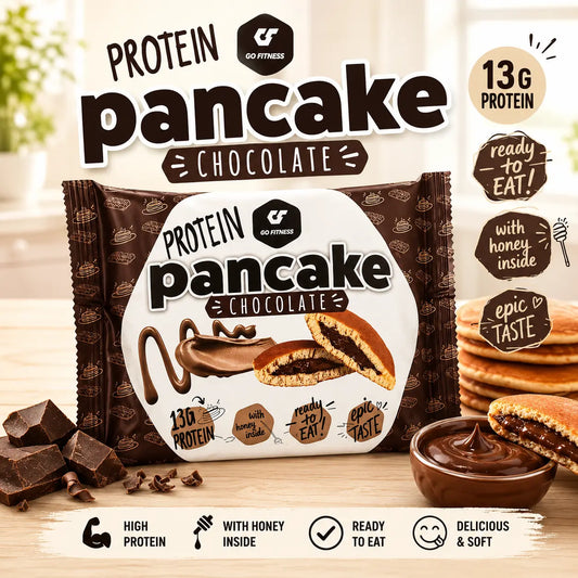 Protein Pancake Chocolat riche en protéines avec 13 g de protéines, pancake moelleux fourré au chocolat et au miel, prêt à déguster, idéal comme collation sportive ou gourmande.