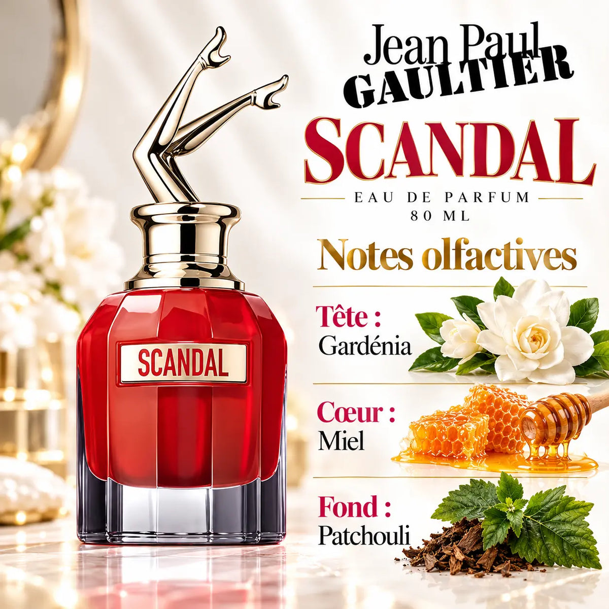 Jean Paul Gaultier Scandal Eau de Parfum Femme 80 ml, flacon rosé aux jambes dorées, notes de gardénia, miel et patchouli
