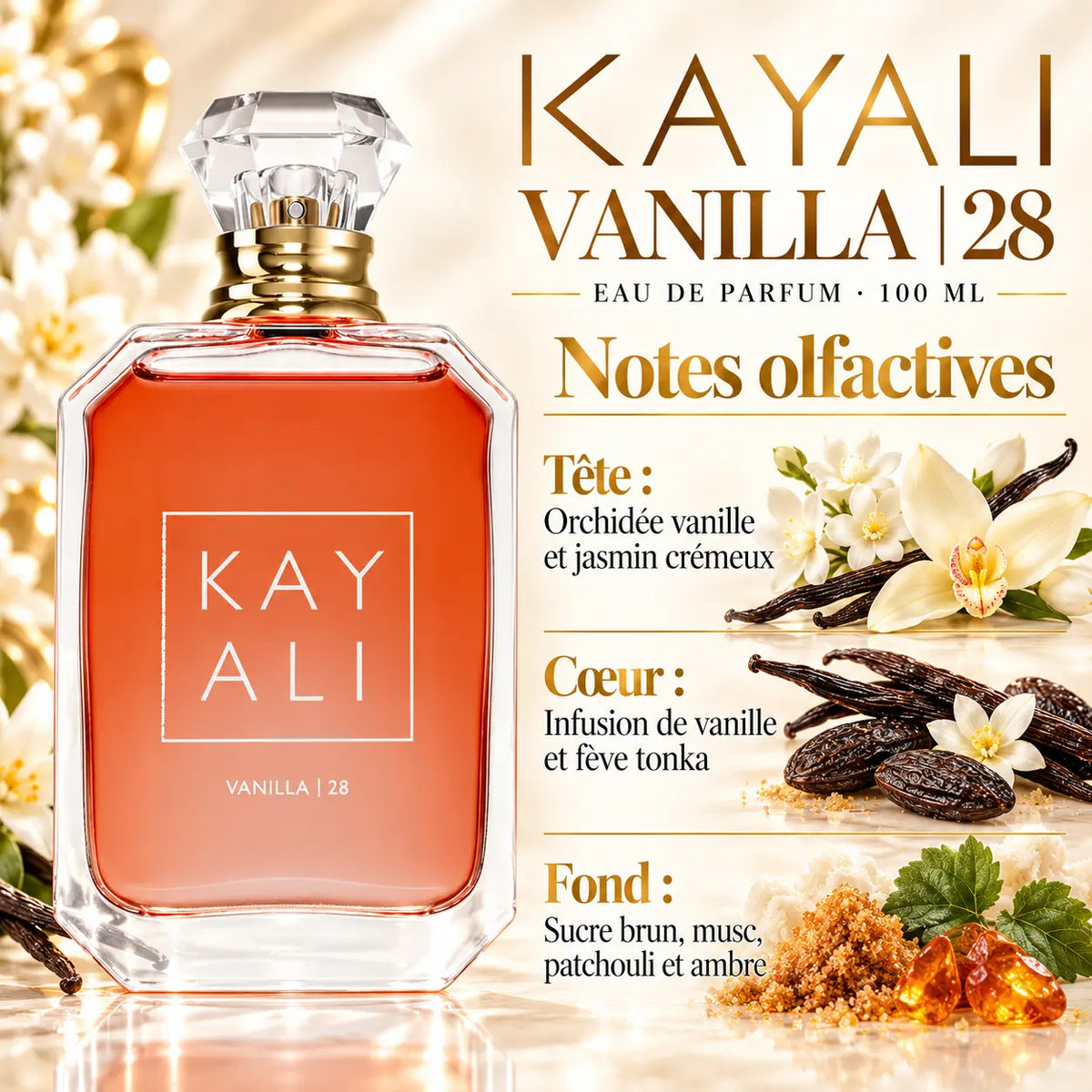 KAYALI Vanilla 28 Eau de Parfum Femme 100 ml, flacon ambré, notes de vanille, jasmin, fève tonka, sucre brun, patchouli et ambre.