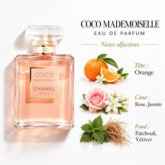 CHANEL COCO MADEMOISELLE Eau de Parfum Femme 100 ml, flacon rectangulaire rose avec bouchon facetté, notes d'orange, rose, jasmin, patchouli et vétiver.