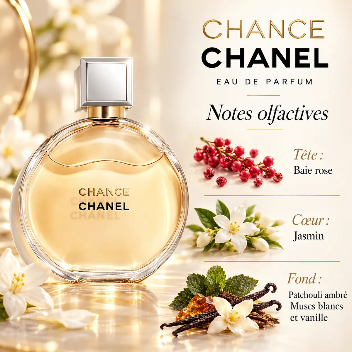 CHANEL CHANCE Eau de Parfum Femme 100 ml, flacon rond transparent aux reflets dorés, notes de baie rose, jasmin, patchouli ambré, muscs blancs et vanille.