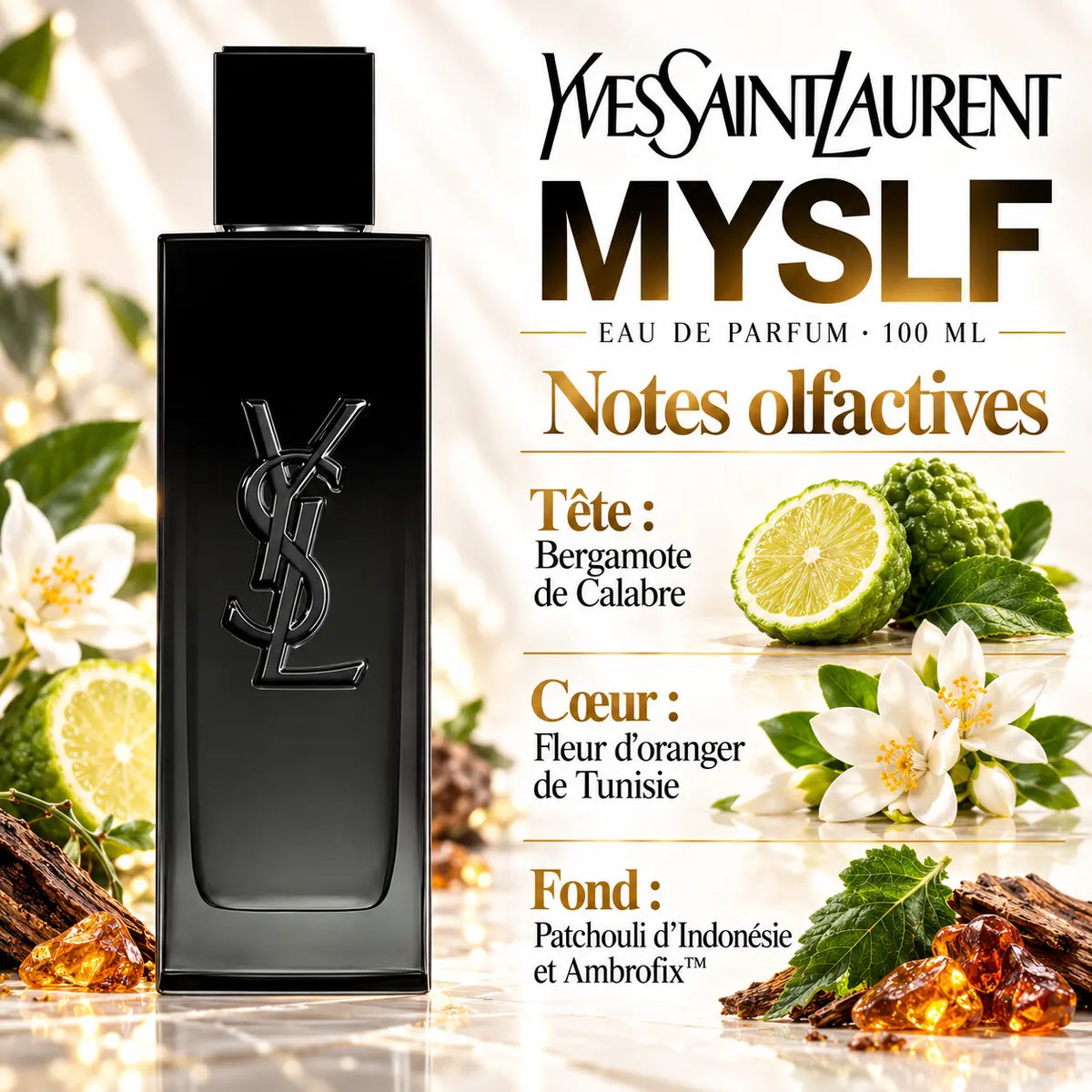 Yves Saint Laurent MYSLF Eau de Parfum Homme 100 ml, flacon noir YSL, notes de bergamote de Calabre, fleur d'oranger de Tunisie, patchouli d'Indonésie et Ambrofix.
