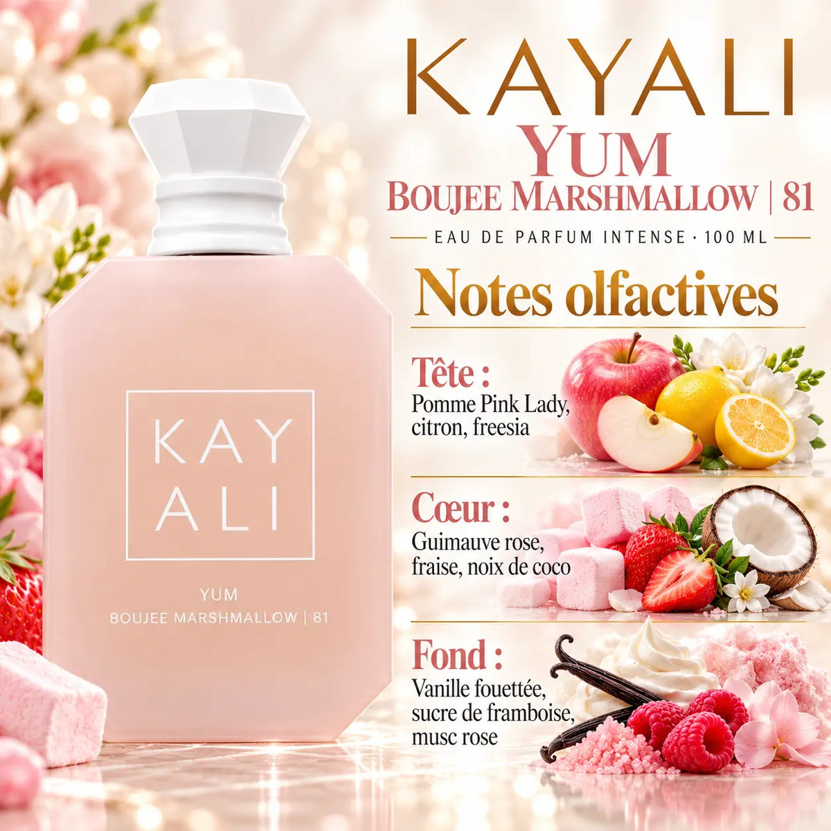 KAYALI Yum Boujee Marshmallow 81 Eau de Parfum Intense Femme 100 ml, flacon rose poudré, notes de guimauve rose, fraise, noix de coco et vanille fouettée.