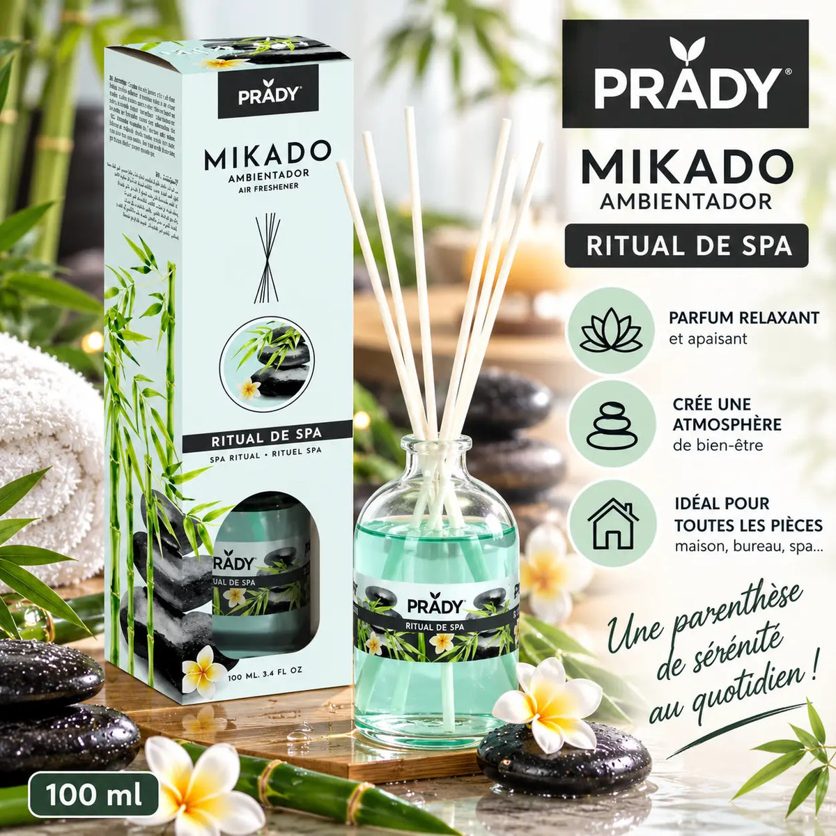 Mikado Prady Rituel SPA 100 ml – Diffuseur de parfum d'intérieur à bâtonnets, senteur inspirée des instituts de bien-être et des ambiances SPA.