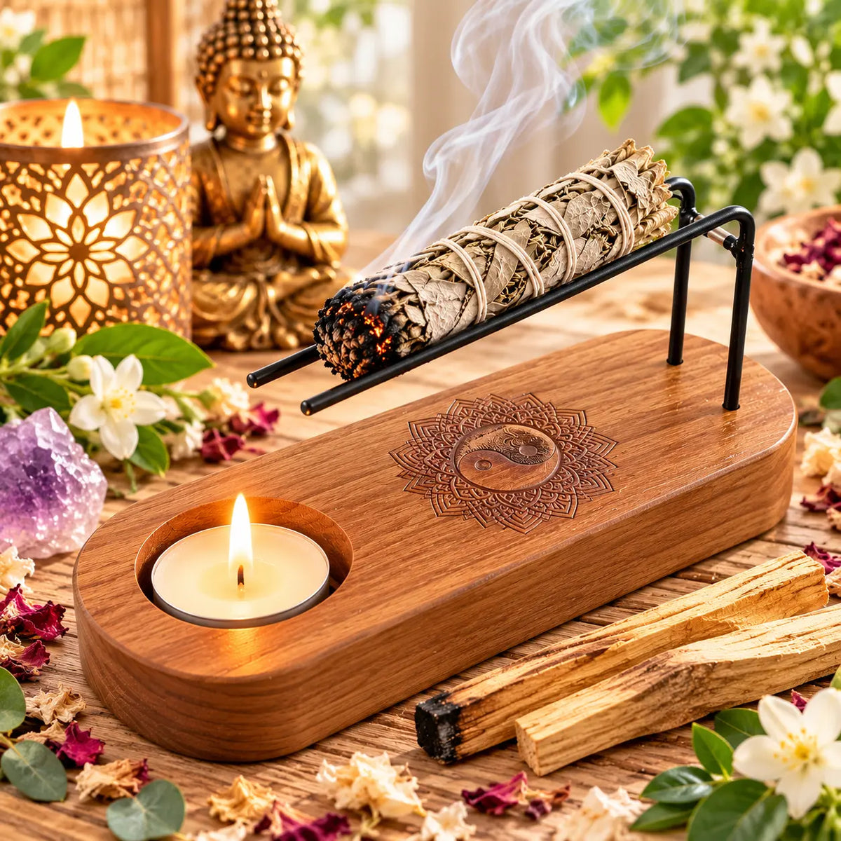 Petit brûleur Palo Santo en bois de teck avec motif Yin & Yang, dimensions 15 × 6 × 7 cm