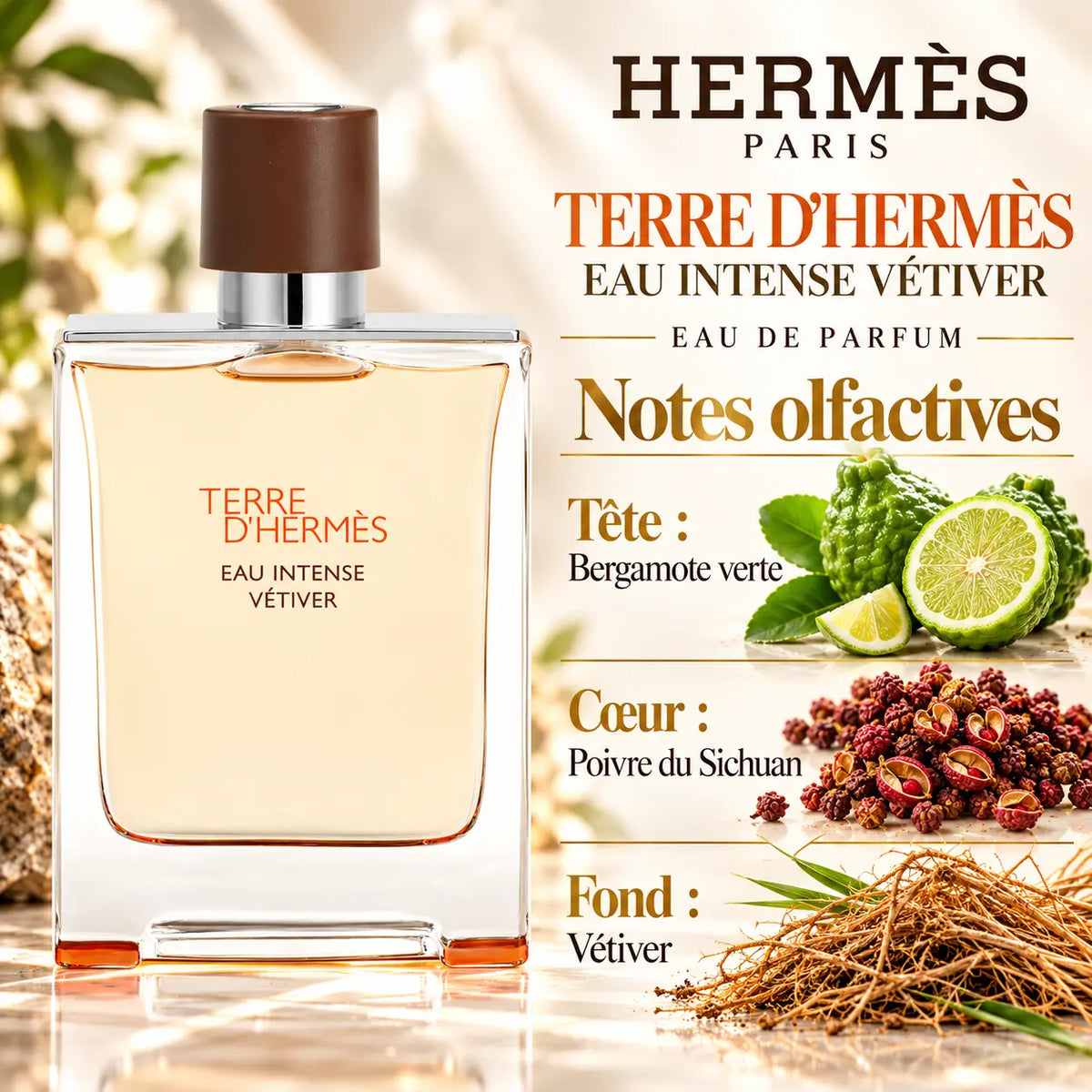 Terre d’Hermès Eau Intense Vétiver Eau de Parfum Homme 100 ml, flacon Hermès transparent, notes de bergamote verte, poivre du Sichuan et vétiver.