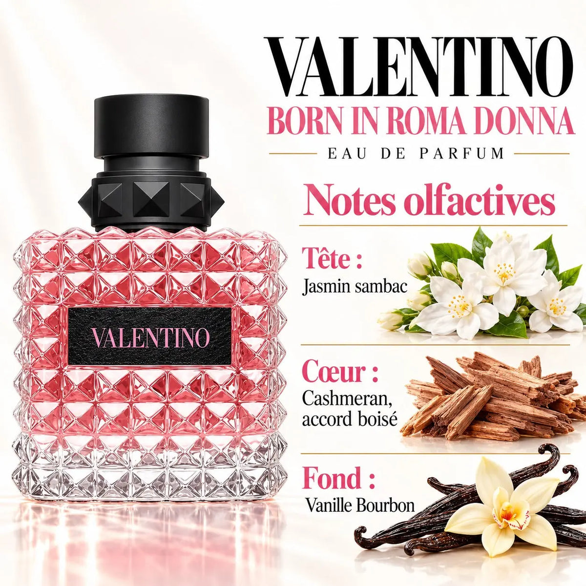 Valentino Born in Roma Donna Eau de Parfum Femme 100 ml, flacon rose clouté Rockstud avec bouchon noir, notes de jasmin sambac, Cashmeran et vanille Bourbon.
