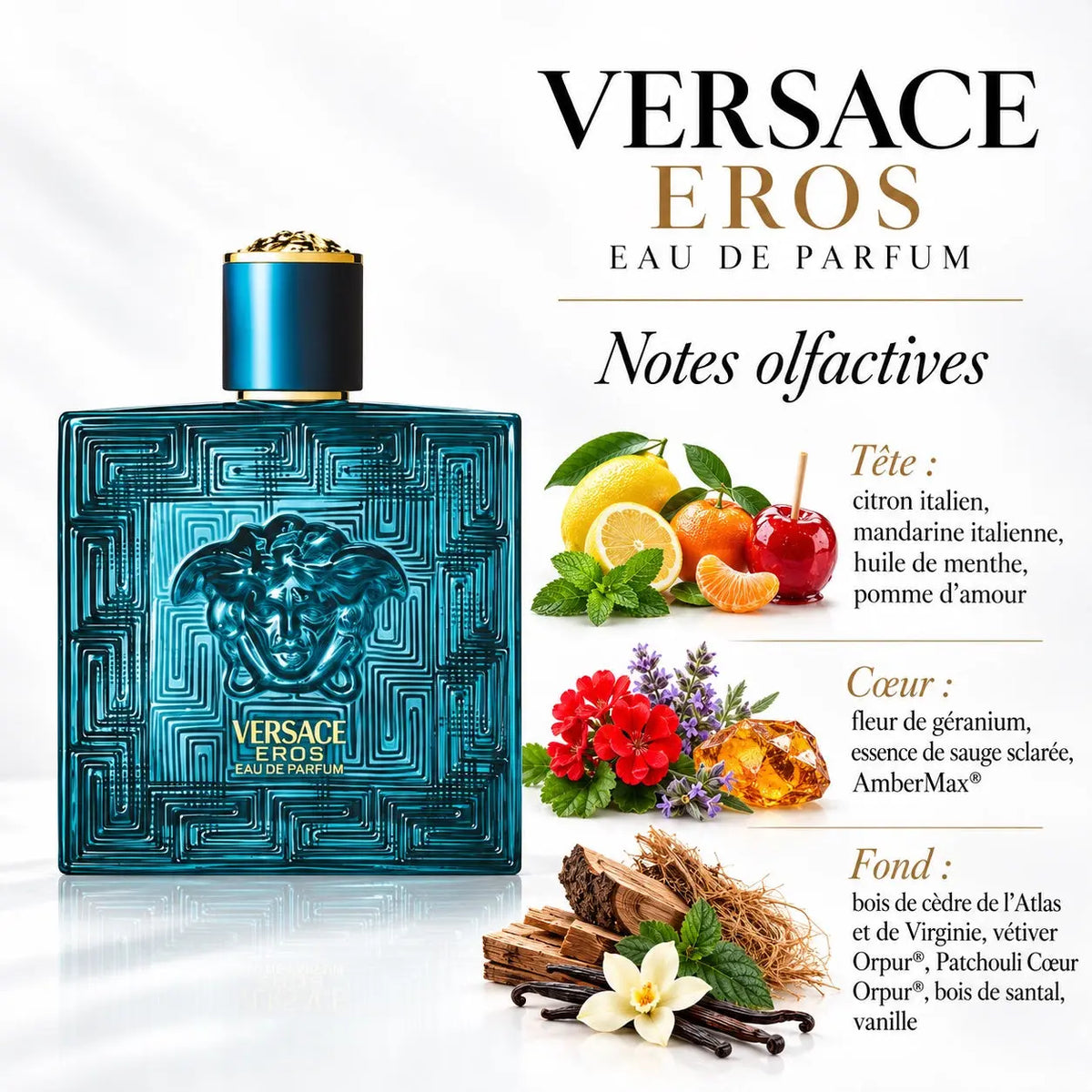 Versace Eros Eau de Parfum Homme 100 ml, flacon bleu turquoise orné de la Méduse Versace, notes de citron, mandarine, menthe, bois et vanille.