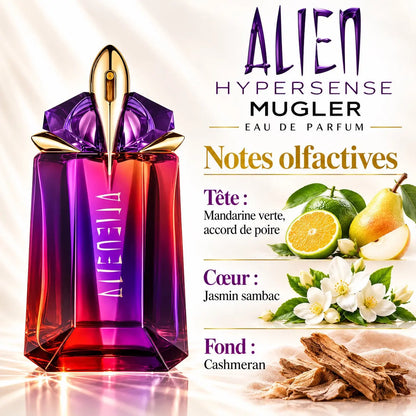 Mugler Alien Hypersense Eau de Parfum Femme 90 ml rechargeable, flacon violet et rouge aux notes de poire, jasmin et Cashmeran