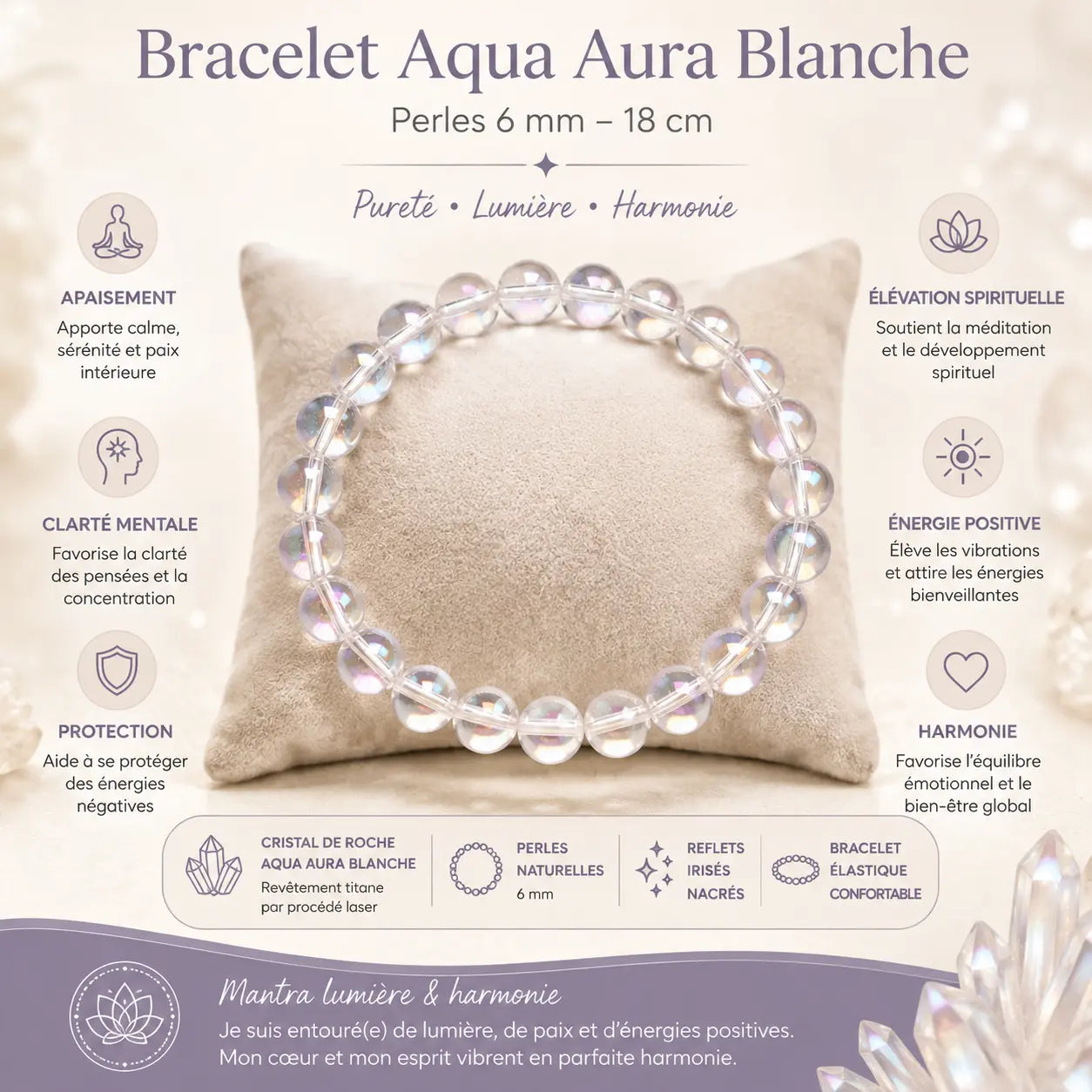 Bracelet Aqua Aura Blanche 6 mm en cristal de roche avec revêtement titane aux reflets nacrés irisés, bracelet énergétique et lithothérapie.