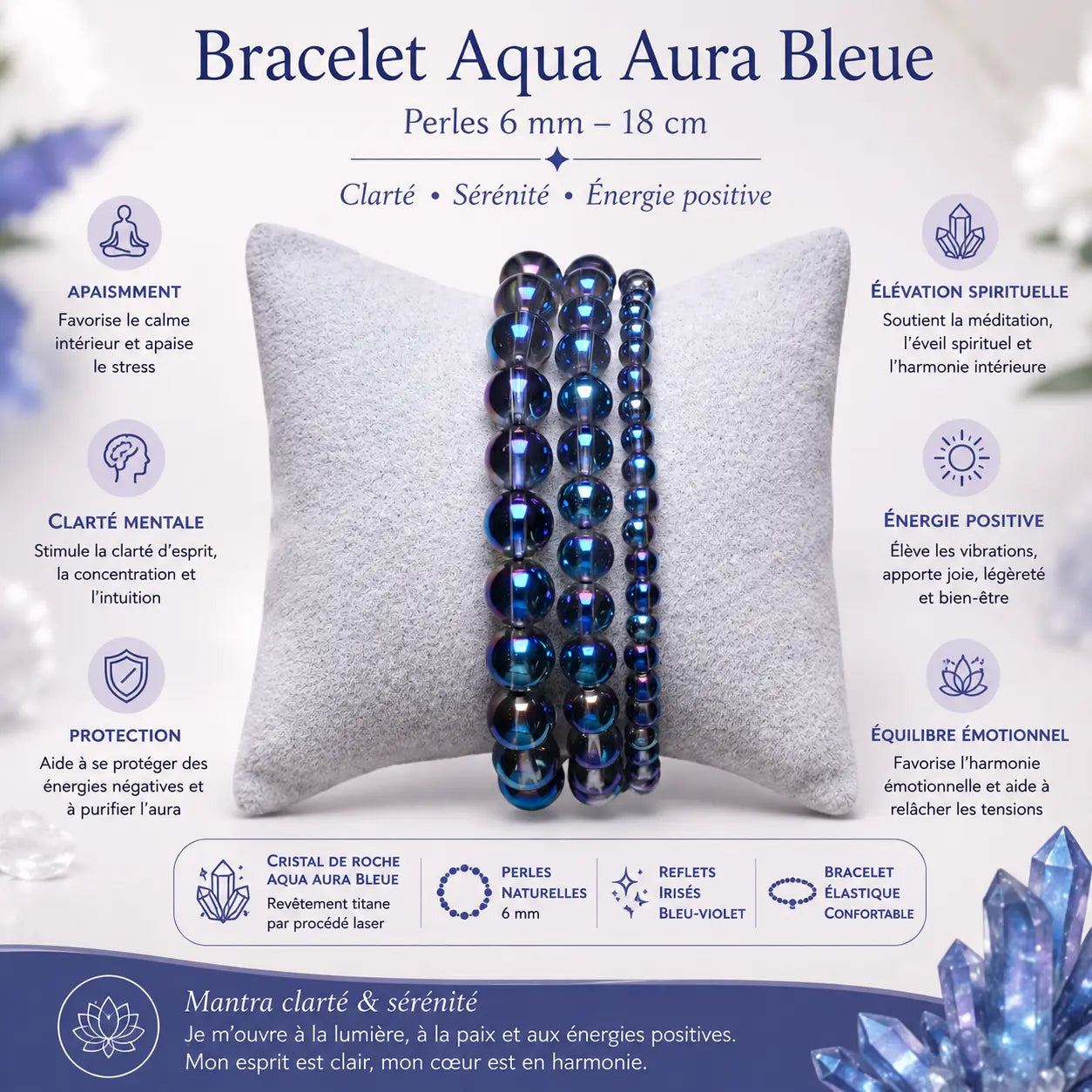 Bracelet Aqua Aura Bleue 6 mm en cristal de roche avec revêtement titane aux reflets irisés bleu-violet, bracelet énergétique et lithothérapie.