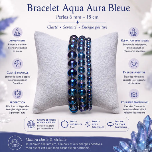 Bracelet Aqua Aura Bleue 6 mm en cristal de roche avec revêtement titane aux reflets irisés bleu-violet, bracelet énergétique et lithothérapie.
