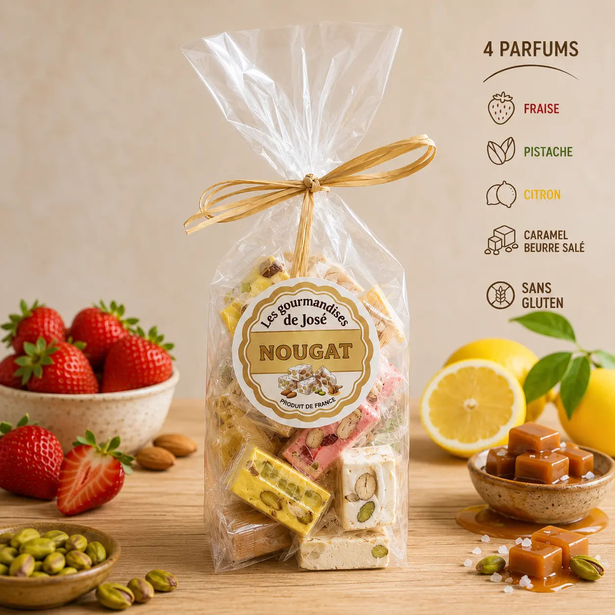 Assortiment de nougats tendres artisanaux aux saveurs fraise, citron, pistache et caramel beurre salé, présenté dans un sachet transparent gourmand avec amandes et décorations gourmandes.