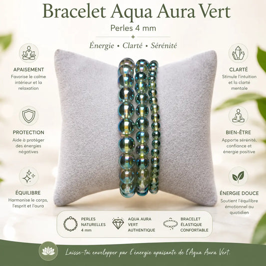Bracelet Aqua Aura Verte 4 mm en cristal de roche avec revêtement titane aux reflets irisés bleu-vert, bracelet énergétique et lithothérapie.