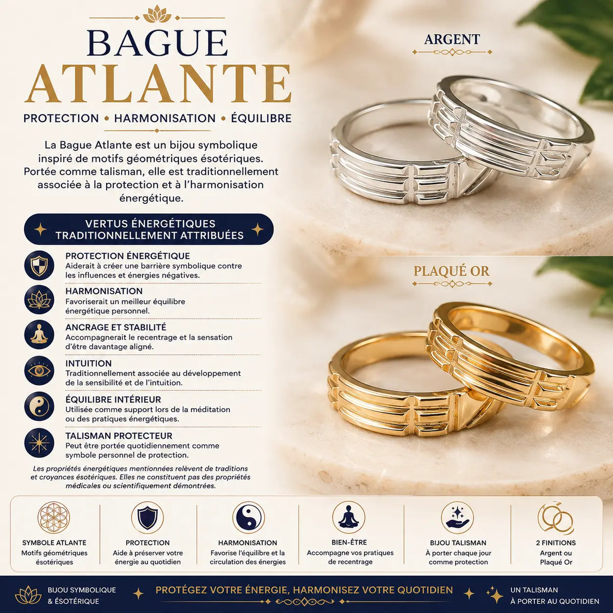 Bague Atlante argent ou plaqué or – bijou ésotérique et talisman de protection énergétique