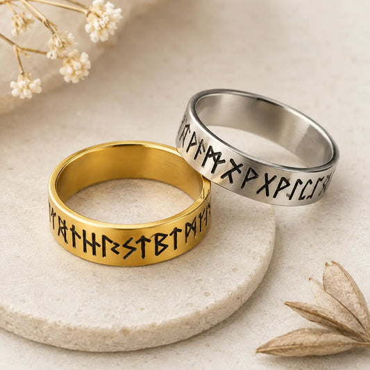 Bague runique FUTHARK argentée et plaqué or avec symboles vikings gravés