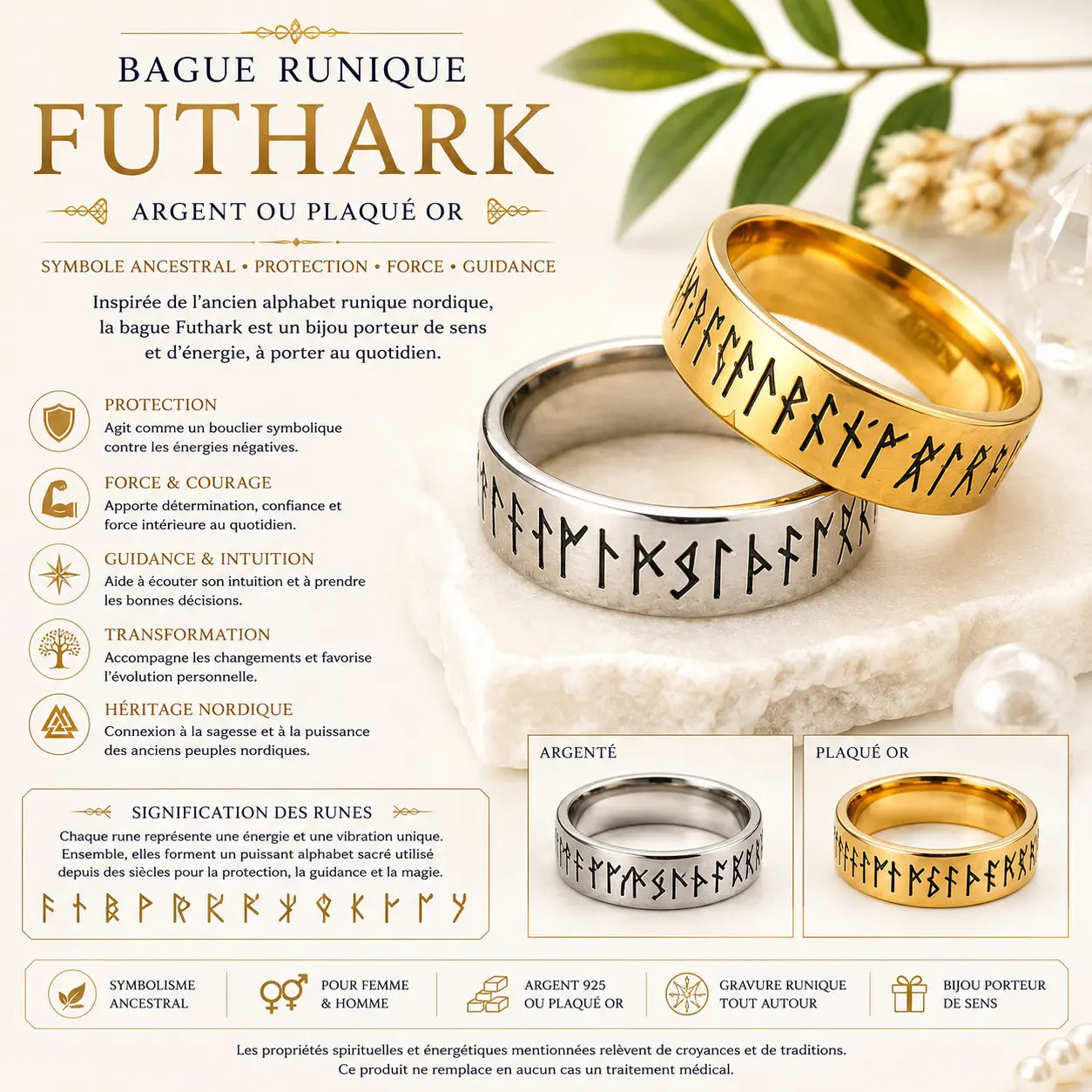 Bague runique FUTHARK argentée et plaqué or avec symboles vikings gravés