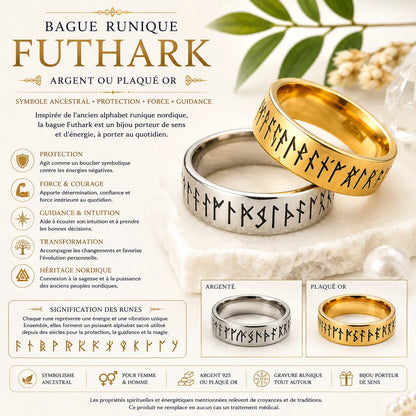 Bague runique FUTHARK argentée et plaqué or avec symboles vikings gravés