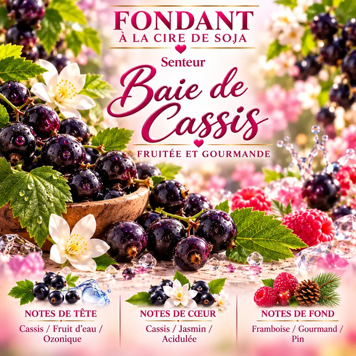 Fondant parfumé Baie de Cassis en cire de soja – senteur fruitée et gourmande aux notes de cassis, jasmin et framboise – La Casa del José