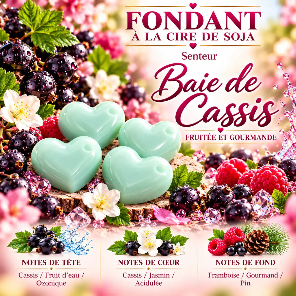 Fondant parfumé Baie de Cassis en cire de soja – senteur fruitée et gourmande aux notes de cassis, jasmin et framboise – La Casa del José