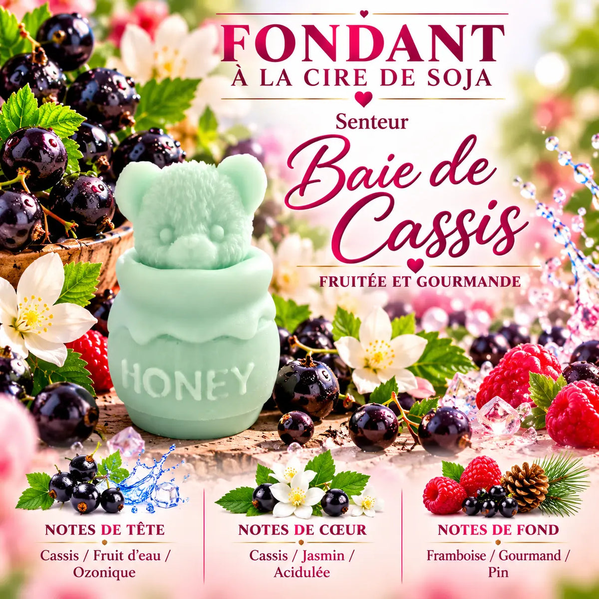 Fondant parfumé Baie de Cassis en cire de soja – senteur fruitée et gourmande aux notes de cassis, jasmin et framboise – La Casa del José