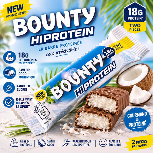 Bounty HiProtein 55 g – Barre protéinée saveur noix de coco et chocolat avec 18 g de protéines, idéale avant ou après le sport.