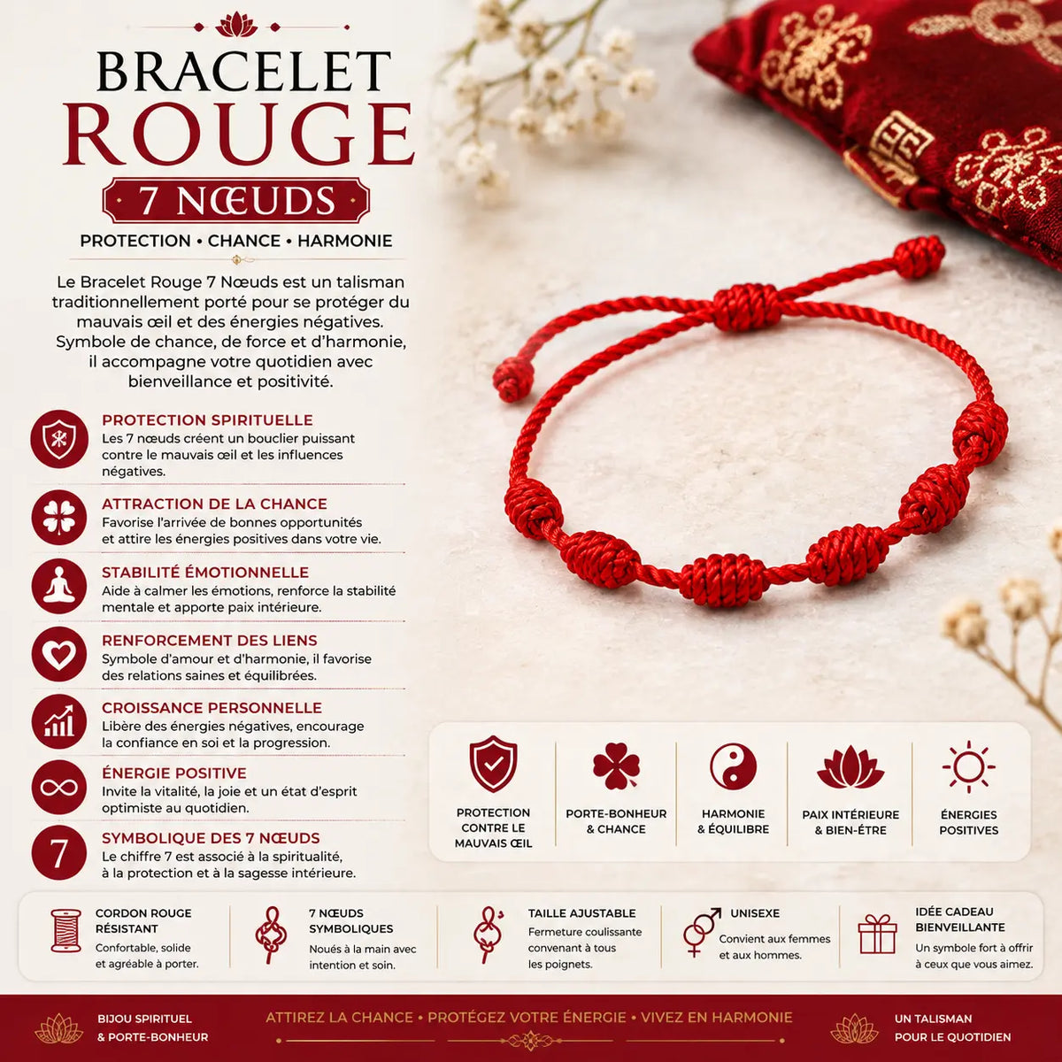 Bracelet rouge 7 nœuds ajustable – talisman porte-bonheur traditionnel de protection contre le mauvais œil