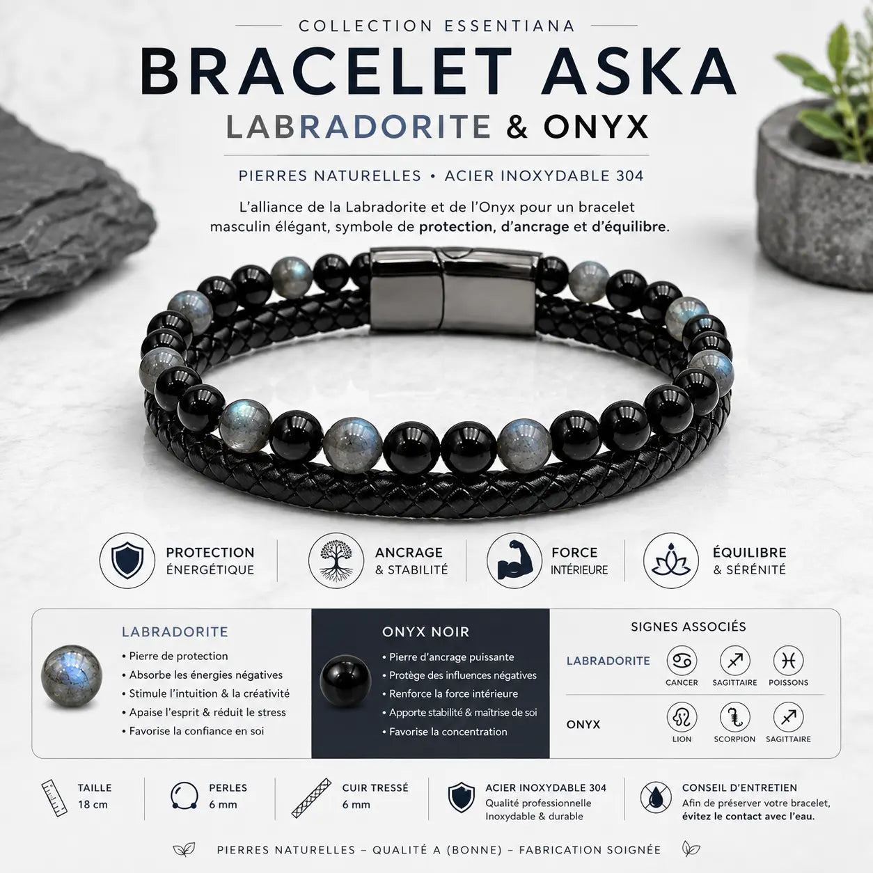 Bracelet homme ASKA noir en Labradorite et Onyx qualité A avec perles naturelles 6 mm et fermoir en acier inoxydable 304