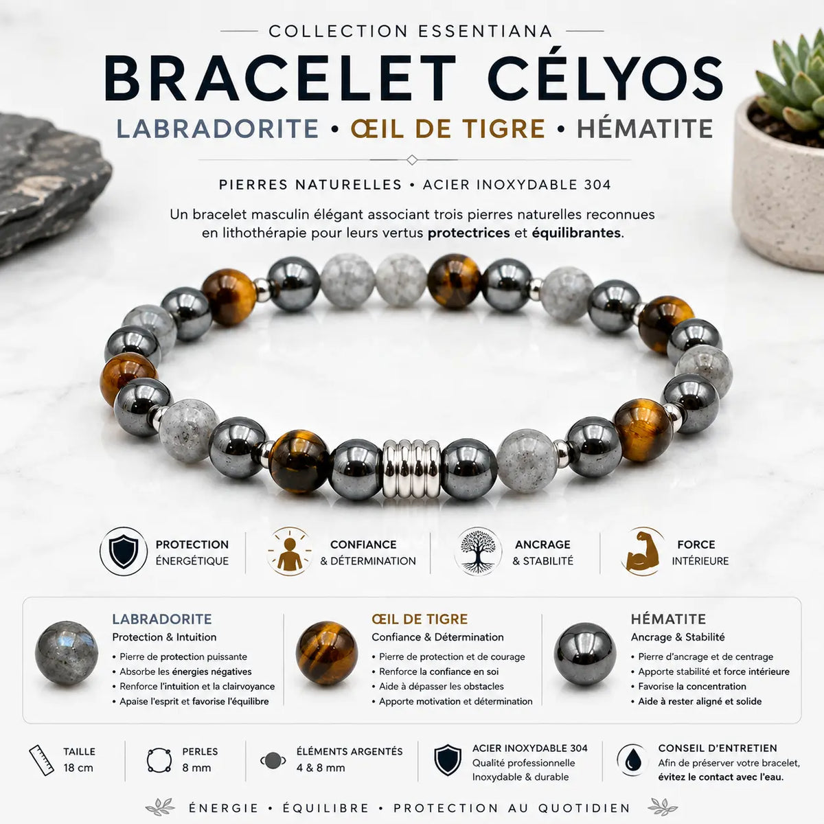 Bracelet homme Célyos Labradorite Œil de Tigre et Hématite qualité A perles 8 mm