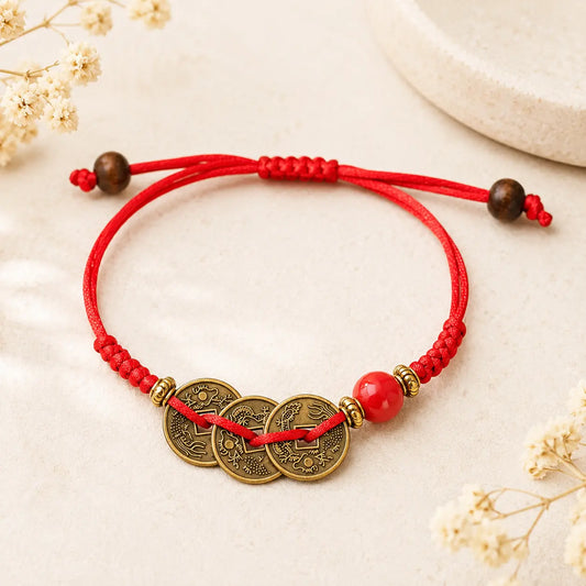 Bracelet de Fortune en fil rouge avec 3 pièces chinoises Feng Shui pour chance et prospérité