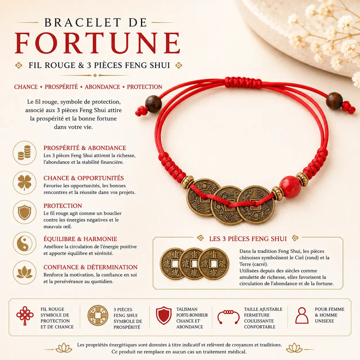 Bracelet de Fortune en fil rouge avec 3 pièces chinoises Feng Shui pour chance et prospérité