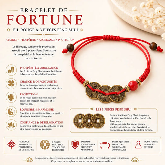 Bracelet de Fortune en fil rouge avec 3 pièces chinoises Feng Shui pour chance et prospérité