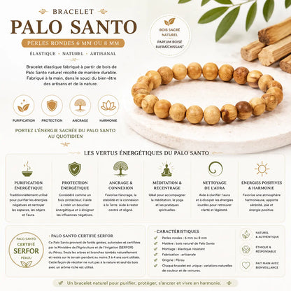 Bracelet Palo Santo naturel élastique en perles rondes de bois 6 ou 8 mm