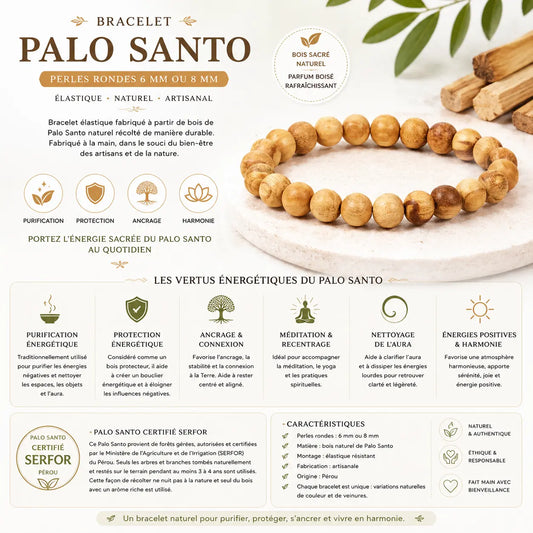 Bracelet Palo Santo naturel élastique en perles rondes de bois 6 ou 8 mm