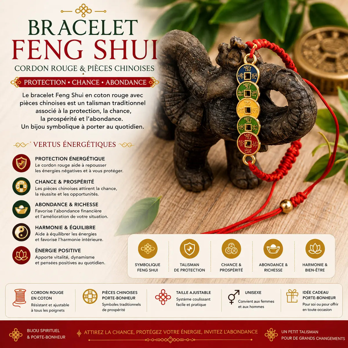 Bracelet Feng Shui en coton rouge avec pièces chinoises – talisman de protection, chance et abondance