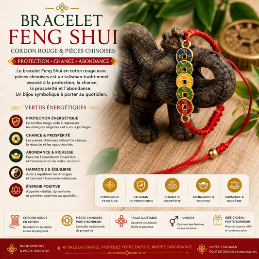Bracelet Feng Shui en coton rouge avec pièces chinoises – talisman de protection, chance et abondance