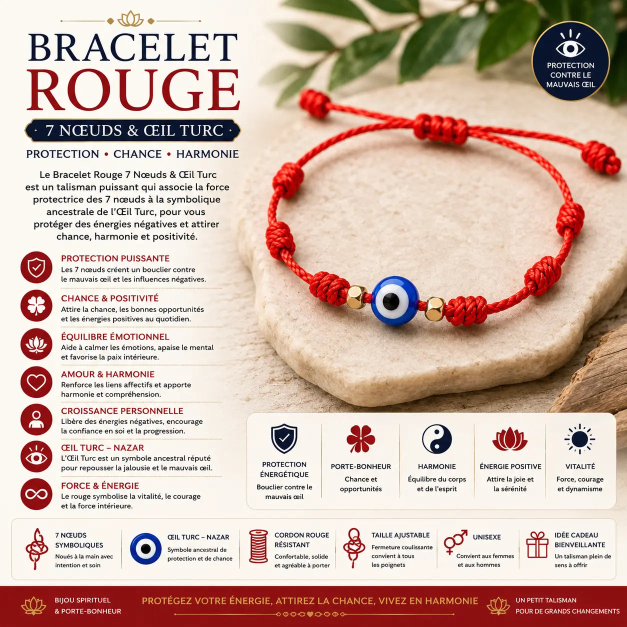 Bracelet rouge 7 nœuds avec Œil Turc Nazar – talisman de protection contre le mauvais œil