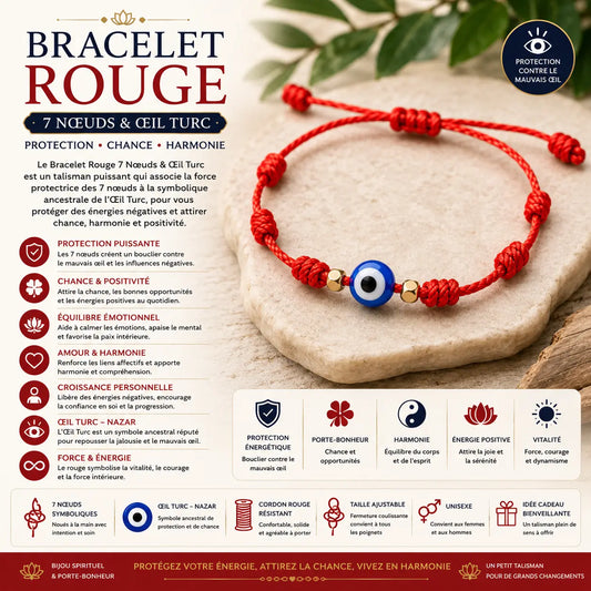 Bracelet rouge 7 nœuds avec Œil Turc Nazar – talisman de protection contre le mauvais œil